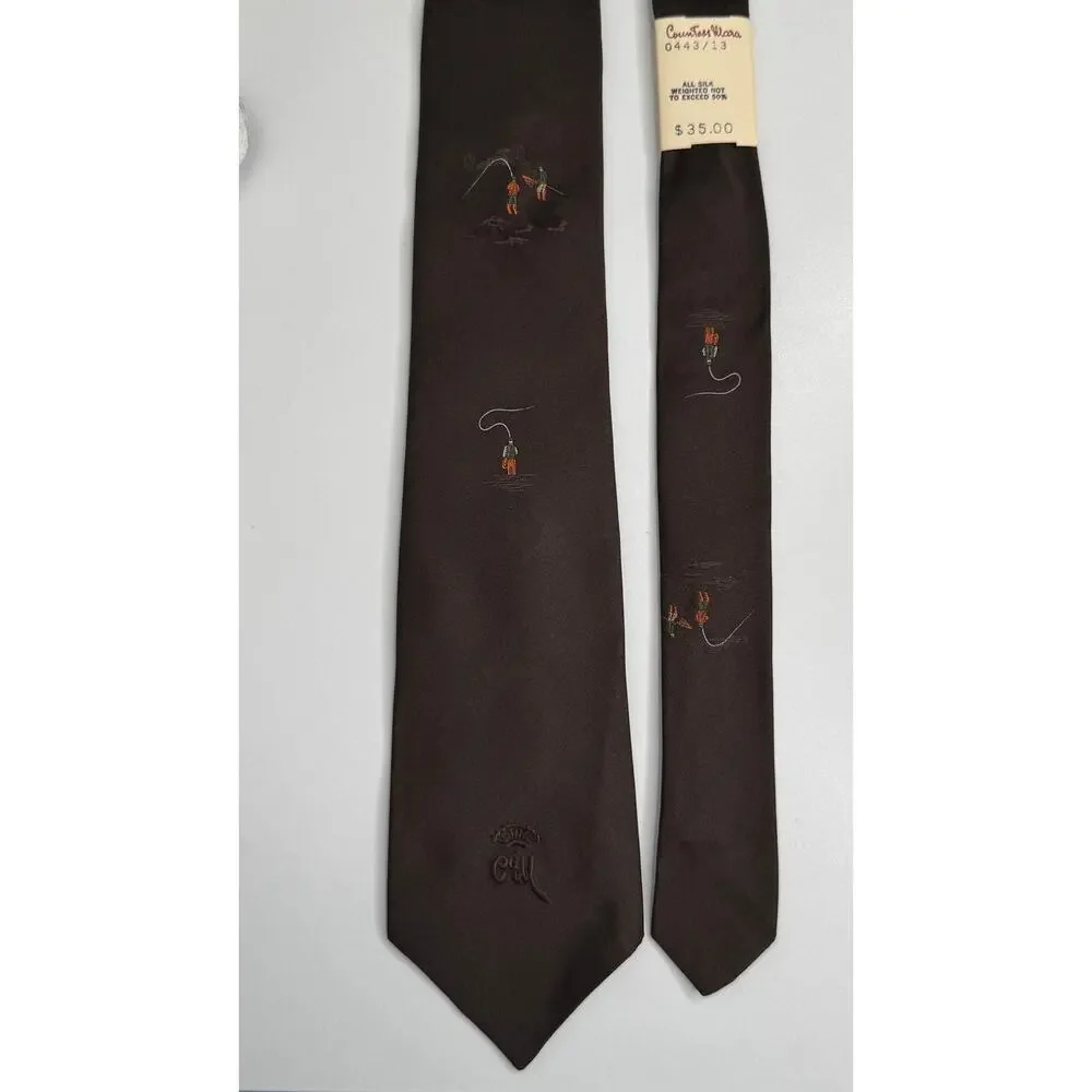 1950s Countess Mara Brown Silk Fisherman Novelty Tie Wide Necktie NWT